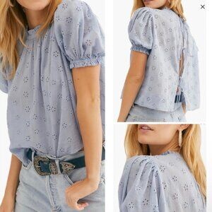 Free People Letters to Juliet Top Sz M Womans Blue Eyelet Boho Peasant Open Back